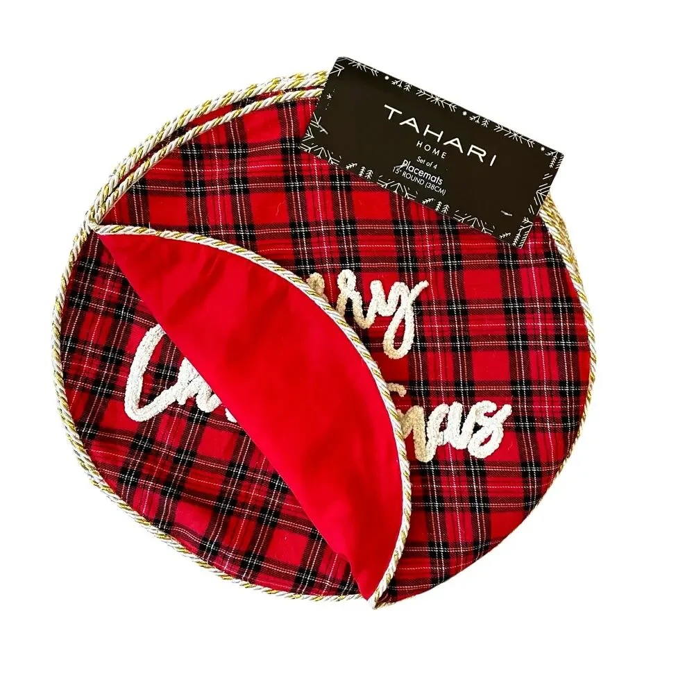 Tahari MERRY CHRISTMAS Red Tartan Plaid Placemats 15in Set of 4 Holiday New